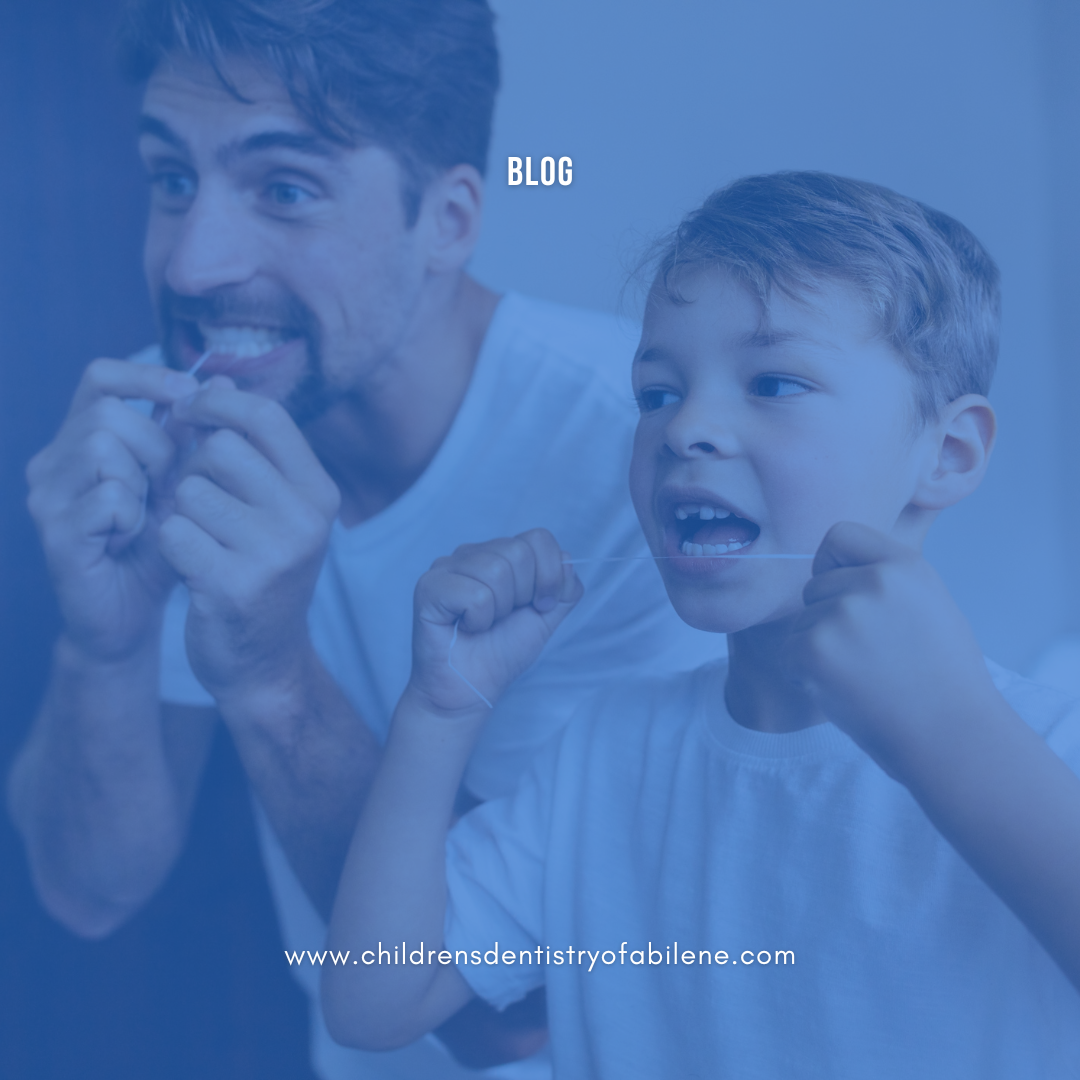Adult and child brushing teeth together in dental care setting with blue overlay.