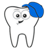 Cartoon tooth character with happy face holding blue ice pack to head