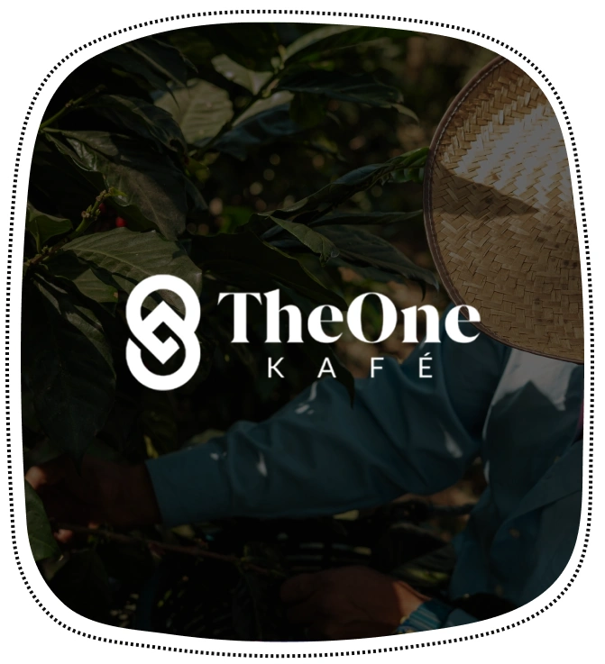 TheOne Kafe logo displayed on dark background with coffee-related imagery