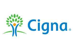 Cigna insurance company logo featuring stylized tree with blue leaves and yellow center