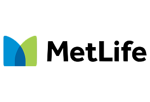 MetLife logo featuring blue and green curved shapes with black text on white background