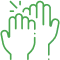 Three green hands raised together symbolizing care, support, or teamwork in pediatric dental practice.
