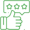 Thumbs up hand with three-star rating badge representing positive customer review or satisfaction feedback.